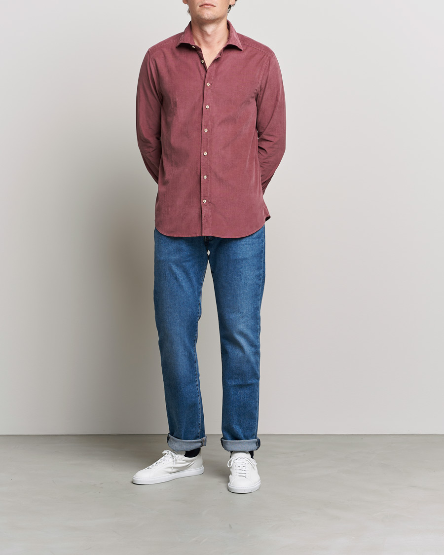 Homme | Chemises | Stenströms | Slimline Washed Cut Away Corduroy Shirt Wine Red