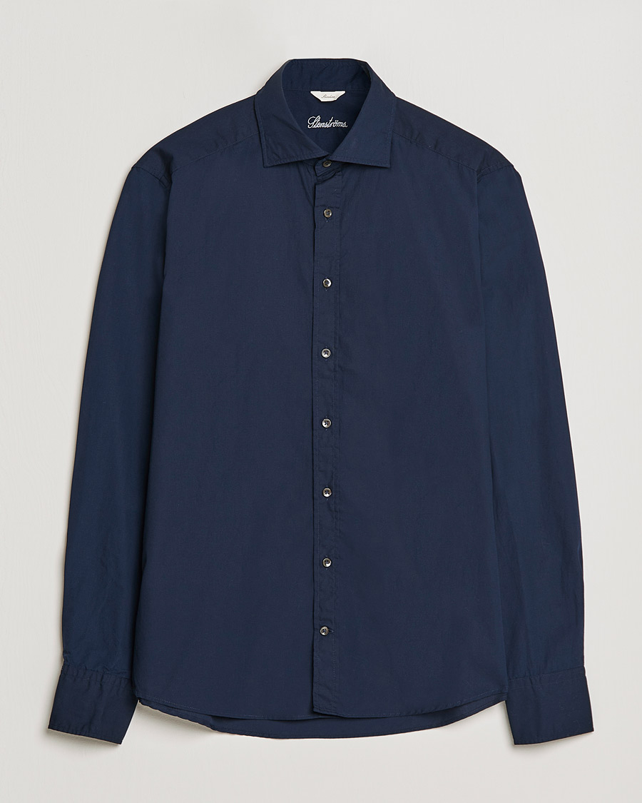 Homme | Chemises | Stenströms | Slimline Washed Cut Away Poplin Shirt Navy