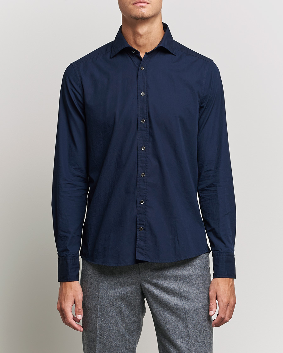 Homme | Chemises | Stenströms | Slimline Washed Cut Away Poplin Shirt Navy