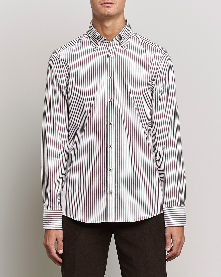 Homme | Chemises | Stenströms | Slimline Striped Pinpoint Oxford Shirt Brown