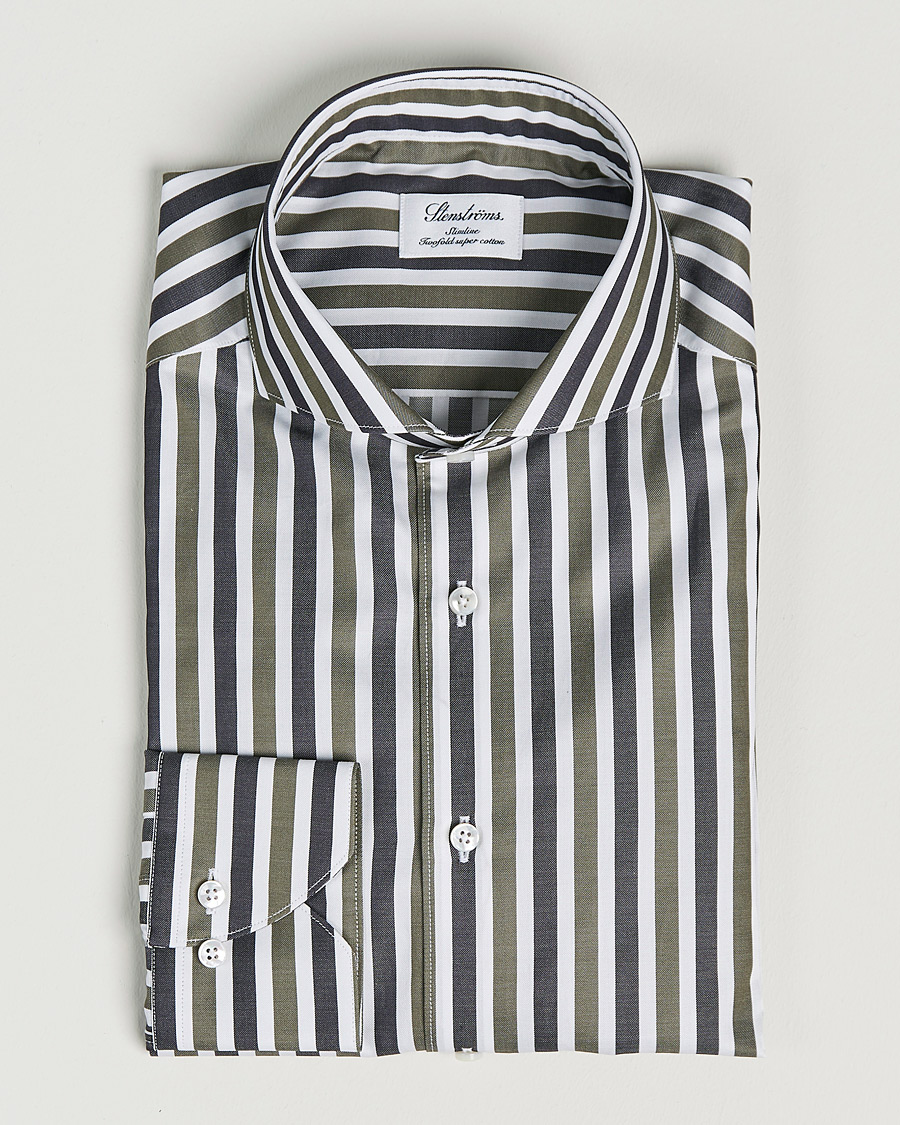 Homme | Chemises | Stenströms | Slimline Cut Away Wide Striped Shirt Blue/Green