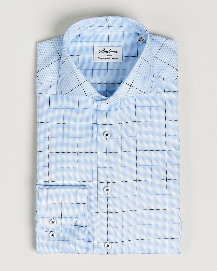 Homme | Chemises | Stenströms | Slimline Cut Away Windowpane Shirt Blue