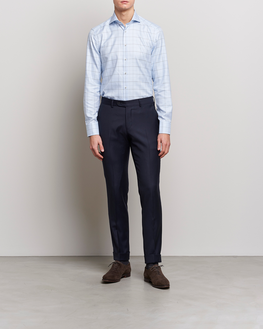 Homme | Chemises D'Affaires | Stenströms | Slimline Cut Away Windowpane Shirt Blue