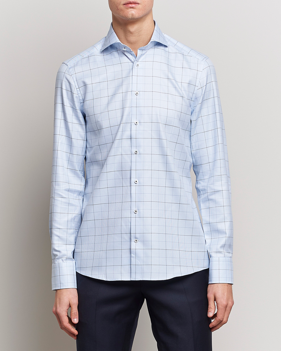 Homme | Chemises | Stenströms | Slimline Cut Away Windowpane Shirt Blue