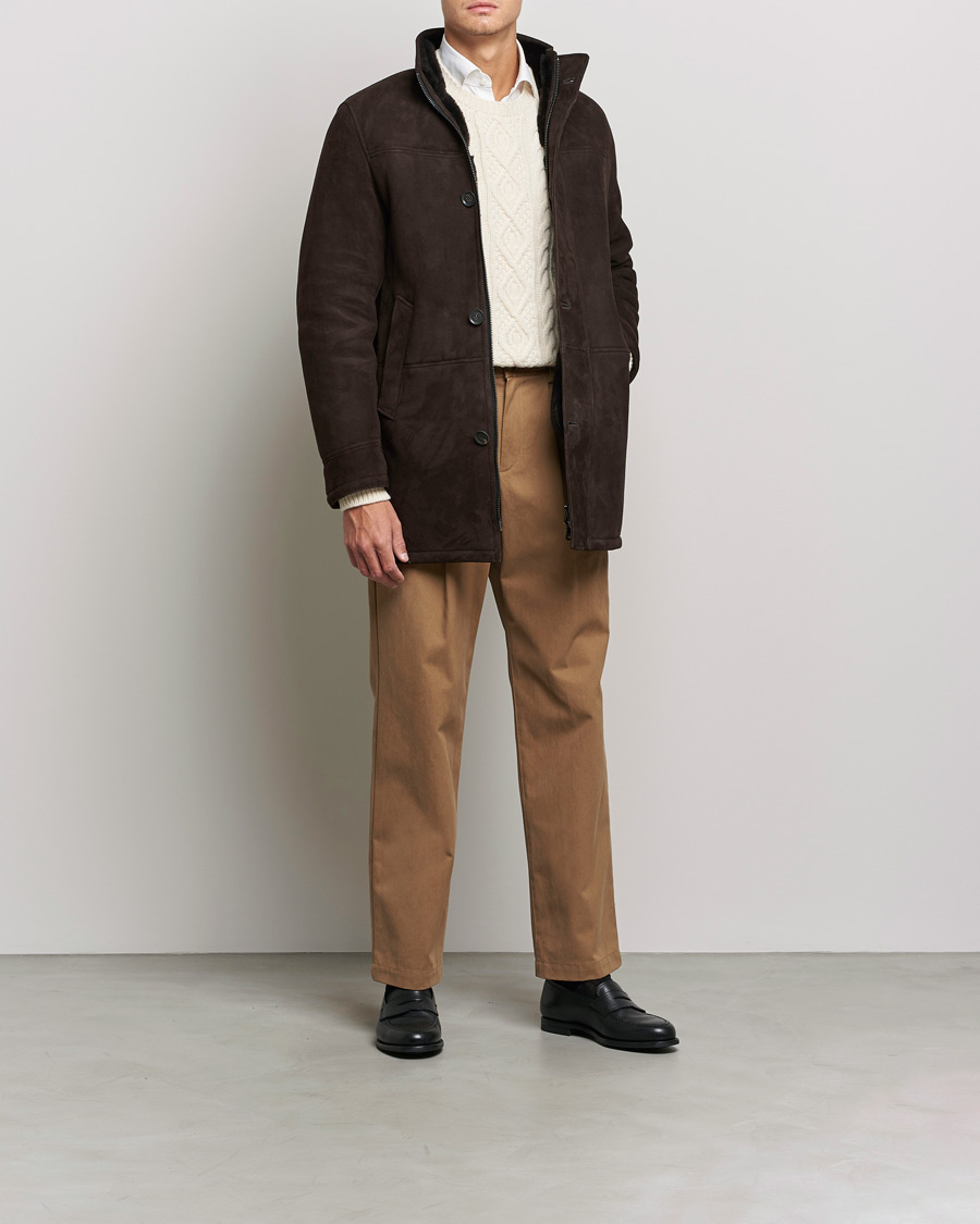 Homme | Manteaux Et Vestes | Oscar Jacobson | Carling Sherling Suede Coat Dark Brown