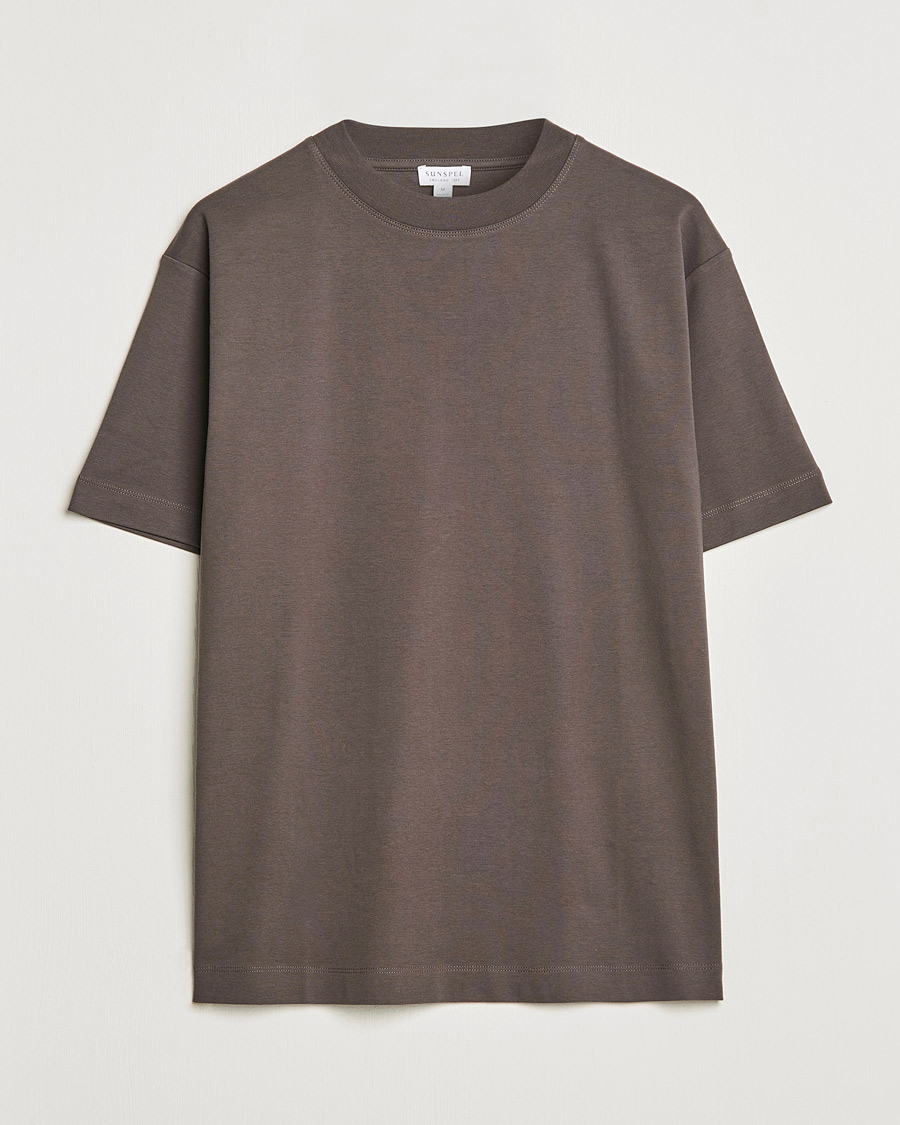 Homme | T-shirts | Sunspel | Brushed Cotton Mock Neck Tee Dark Walnut