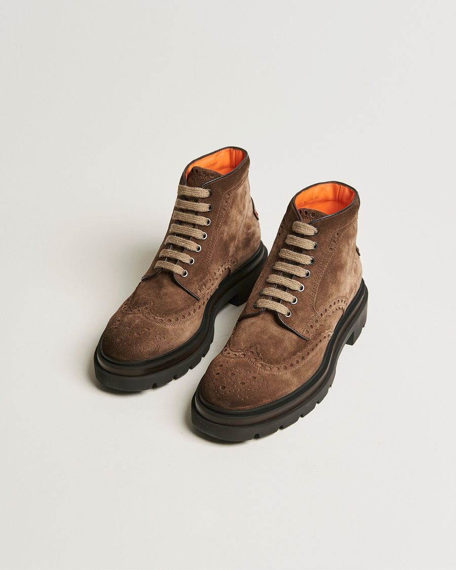 Homme | Santoni Brogue Winter Boot Dark Brown Suede | Santoni | Brogue Winter Boot Dark Brown Suede