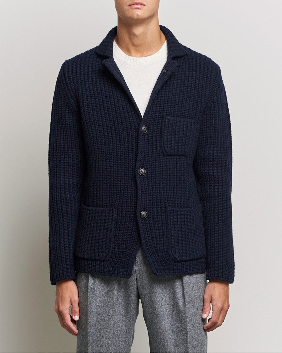 Homme | Pulls Et Tricots | Gran Sasso | Heavy Wool Knitted Blazer Cardigan Navy