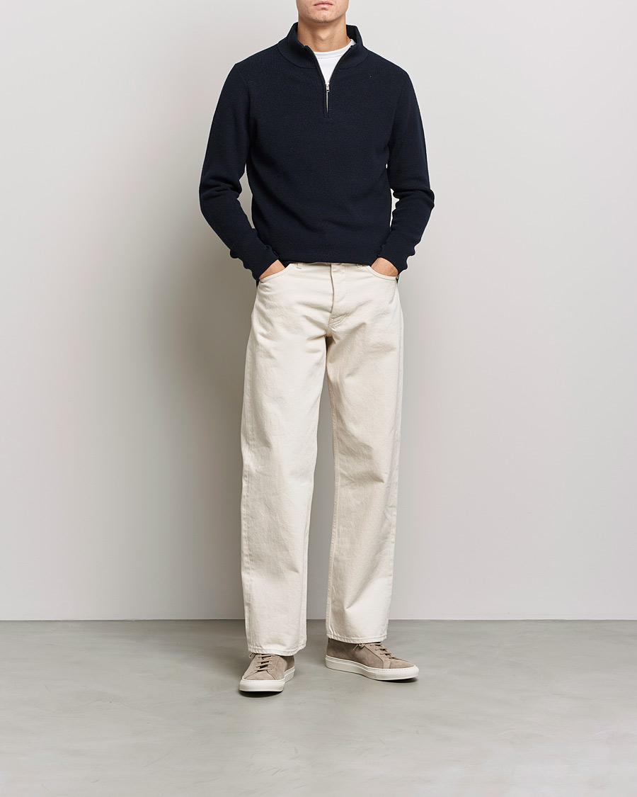 Homme | Pulls Et Tricots | Merz b. Schwanen | Merino Wool Half Zip Dark Navy