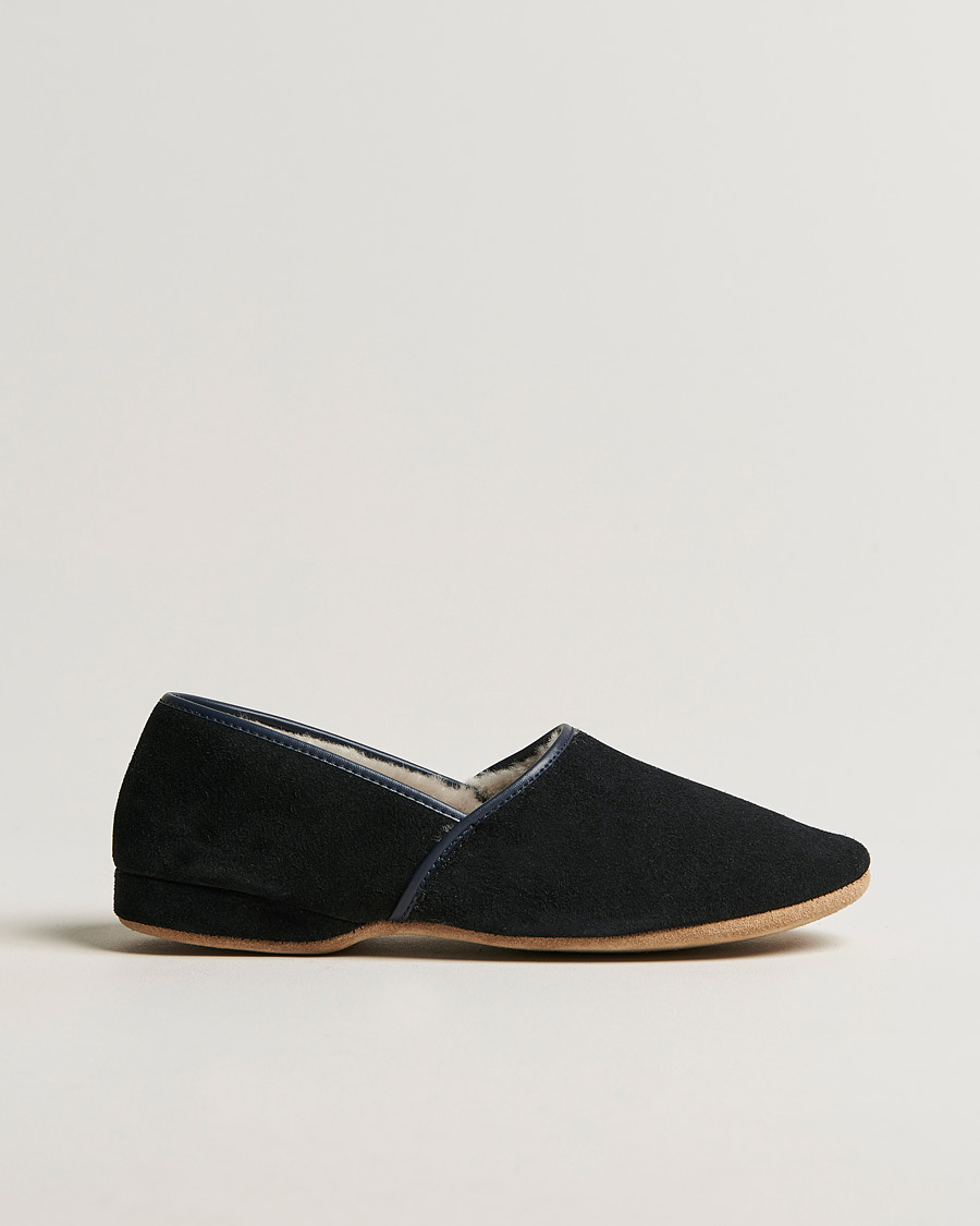 Homme | Derek Rose Crawford Sheepskin Suede Slippers Navy | Derek Rose | Crawford Sheepskin Suede Slippers Navy