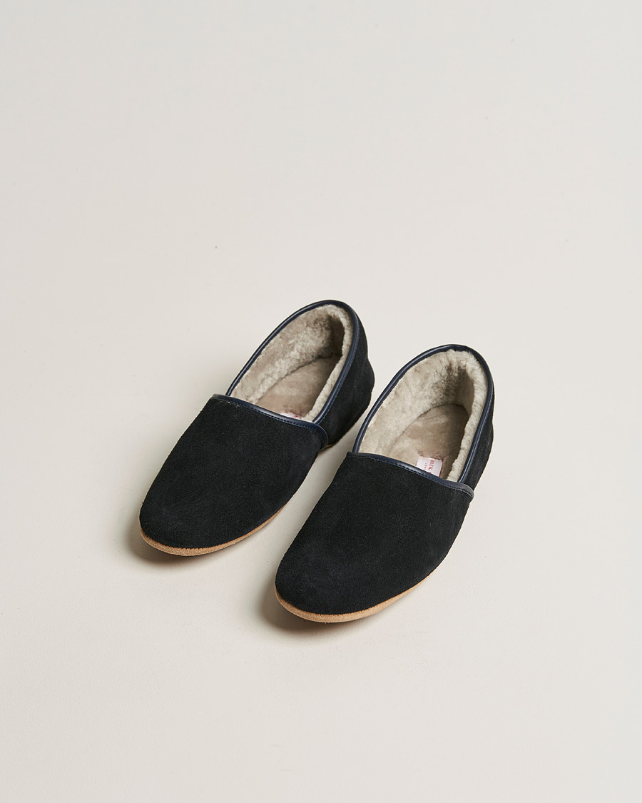 Homme | Derek Rose Crawford Sheepskin Suede Slippers Navy | Derek Rose | Crawford Sheepskin Suede Slippers Navy