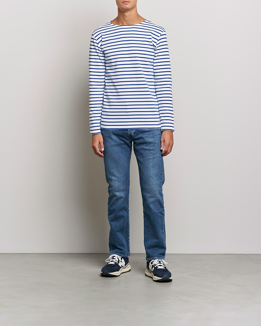 Homme | T-shirts | Armor-lux | Houat Héritage Stripe Long Sleeve T-Shirt White/Blue
