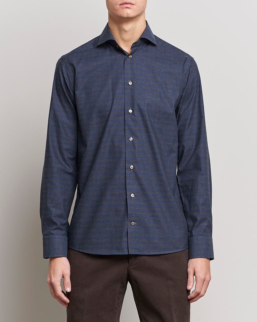 Homme | Chemises | Eton | Fine Twill Melange Shirt Navy Blue Checked