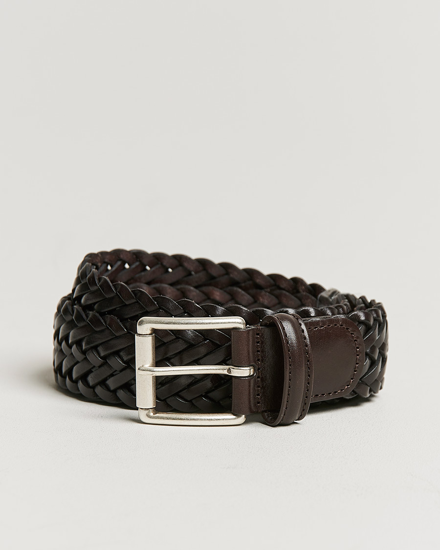 Homme | Ceintures | Anderson's | Woven Leather 3,5 cm Belt Dark Brown