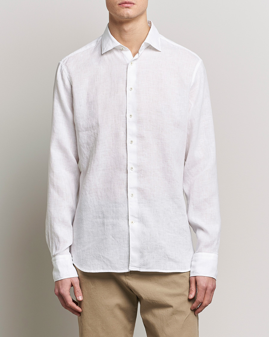 Homme | Chemises En Lin | Stenströms | Fitted Body Cut Away Linen Shirt White
