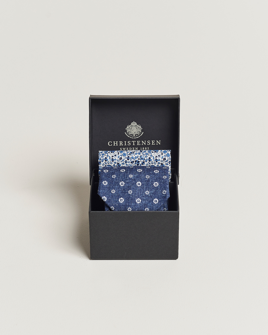 Homme | Amanda Christensen Box Set Printed Linen 8cm Tie With Pocket Square Navy | Amanda Christensen | Box Set Printed Linen 8cm Tie With Pocket Square Navy