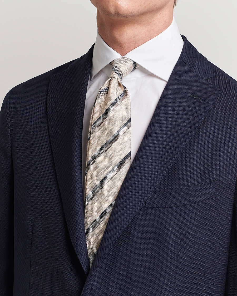 Homme | Amanda Christensen Silk/Linen Striped 8cm Tie Natural | Amanda Christensen | Silk/Linen Striped 8cm Tie Natural