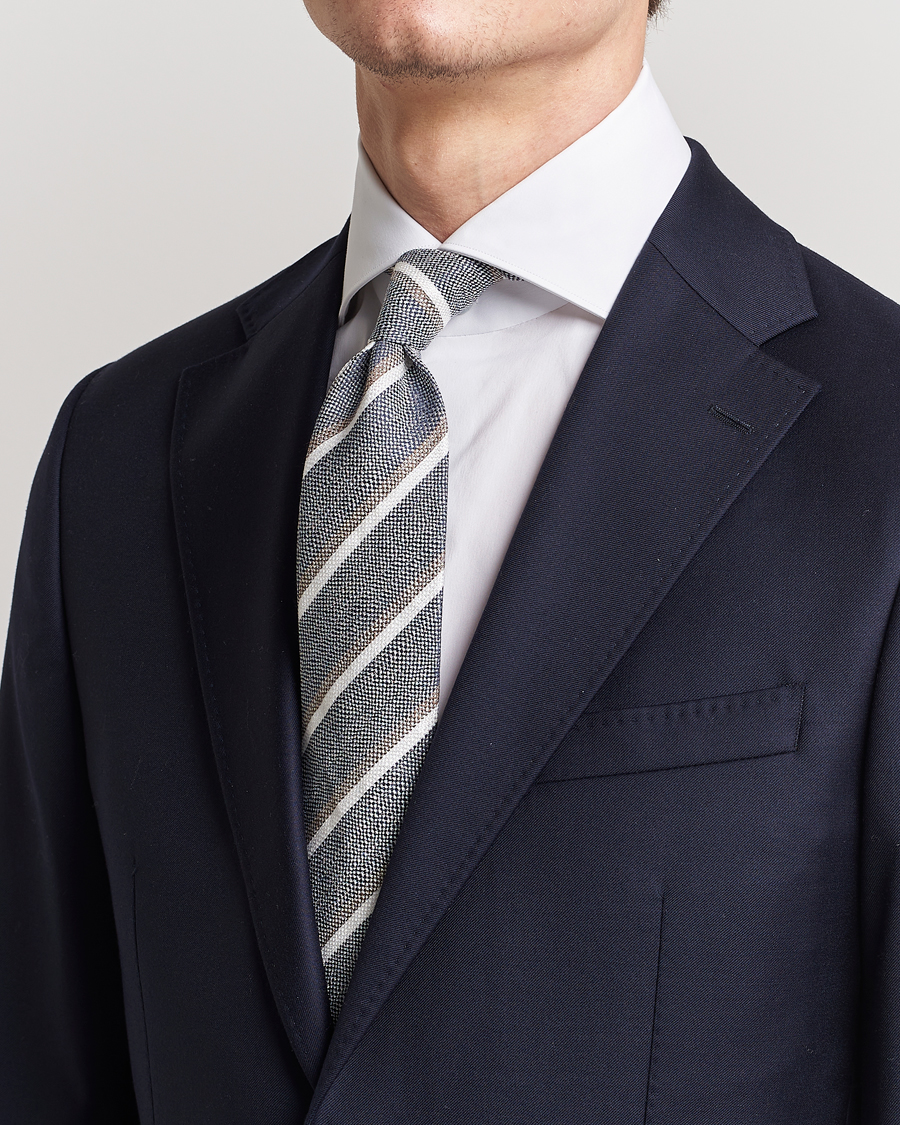Homme | Amanda Christensen Silk/Linen Striped 8cm Tie Navy | Amanda Christensen | Silk/Linen Striped 8cm Tie Navy