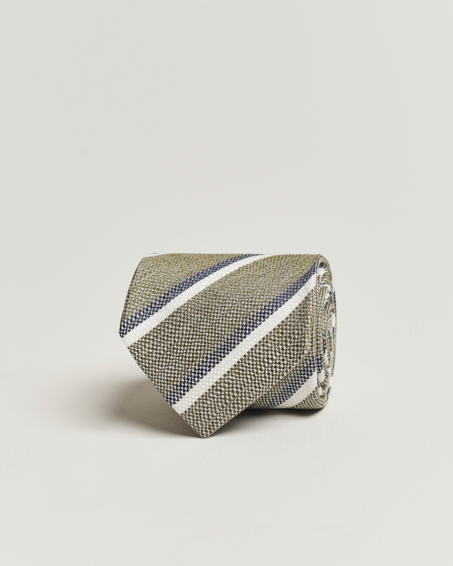 Homme | Amanda Christensen Silk/Linen Striped 8cm Tie Olive | Amanda Christensen | Silk/Linen Striped 8cm Tie Olive