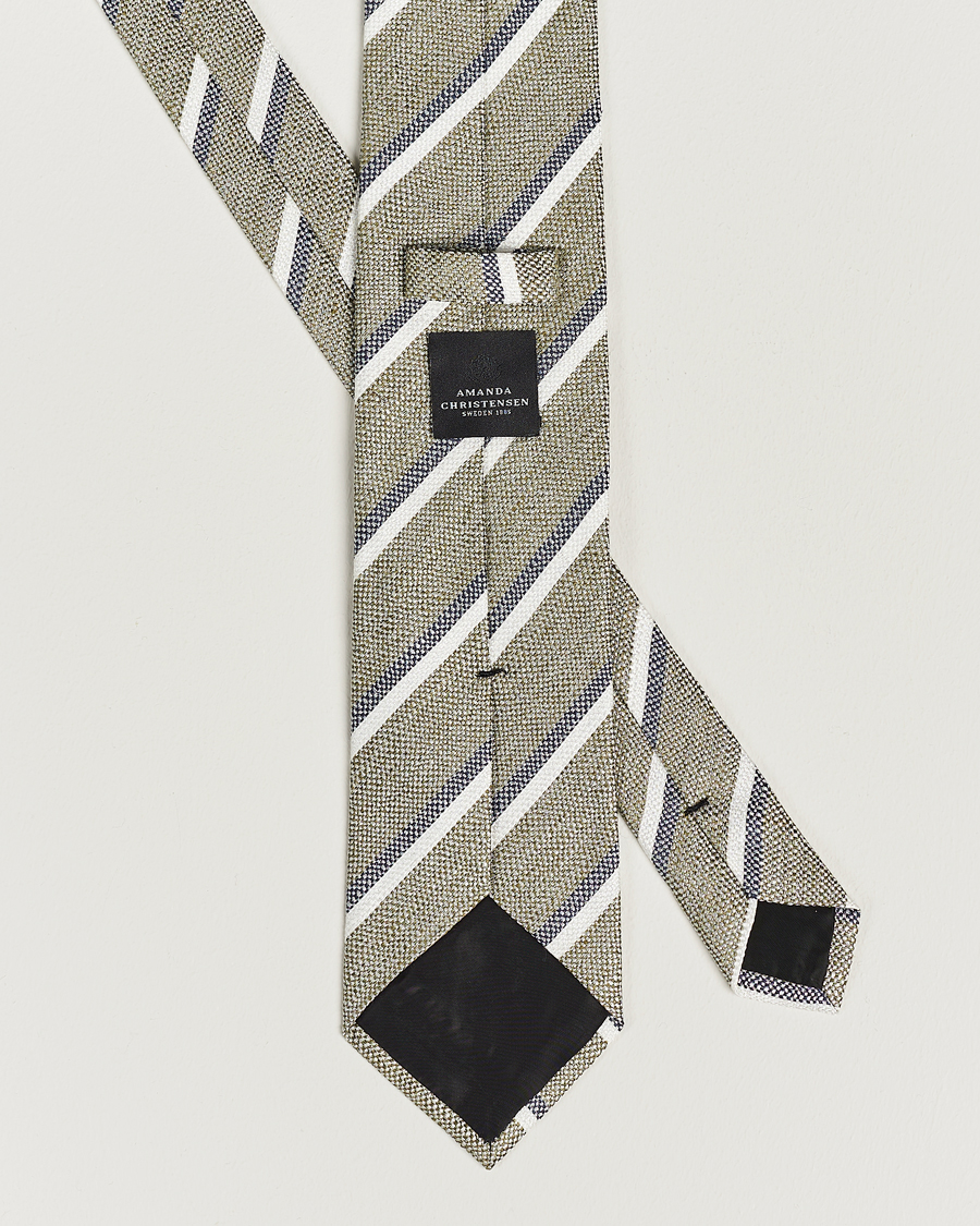 Homme | Amanda Christensen Silk/Linen Striped 8cm Tie Olive | Amanda Christensen | Silk/Linen Striped 8cm Tie Olive