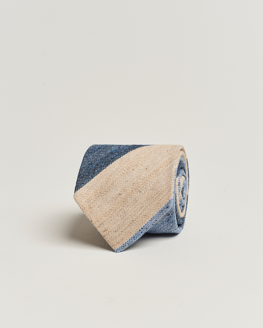 Homme | Amanda Christensen Silk/Linen/Cotton Block Striped 8cm Tie Navy/Blue/Beige | Amanda Christensen | Silk/Linen/Cotton Block Striped 8cm Tie Navy/Blue/Beige