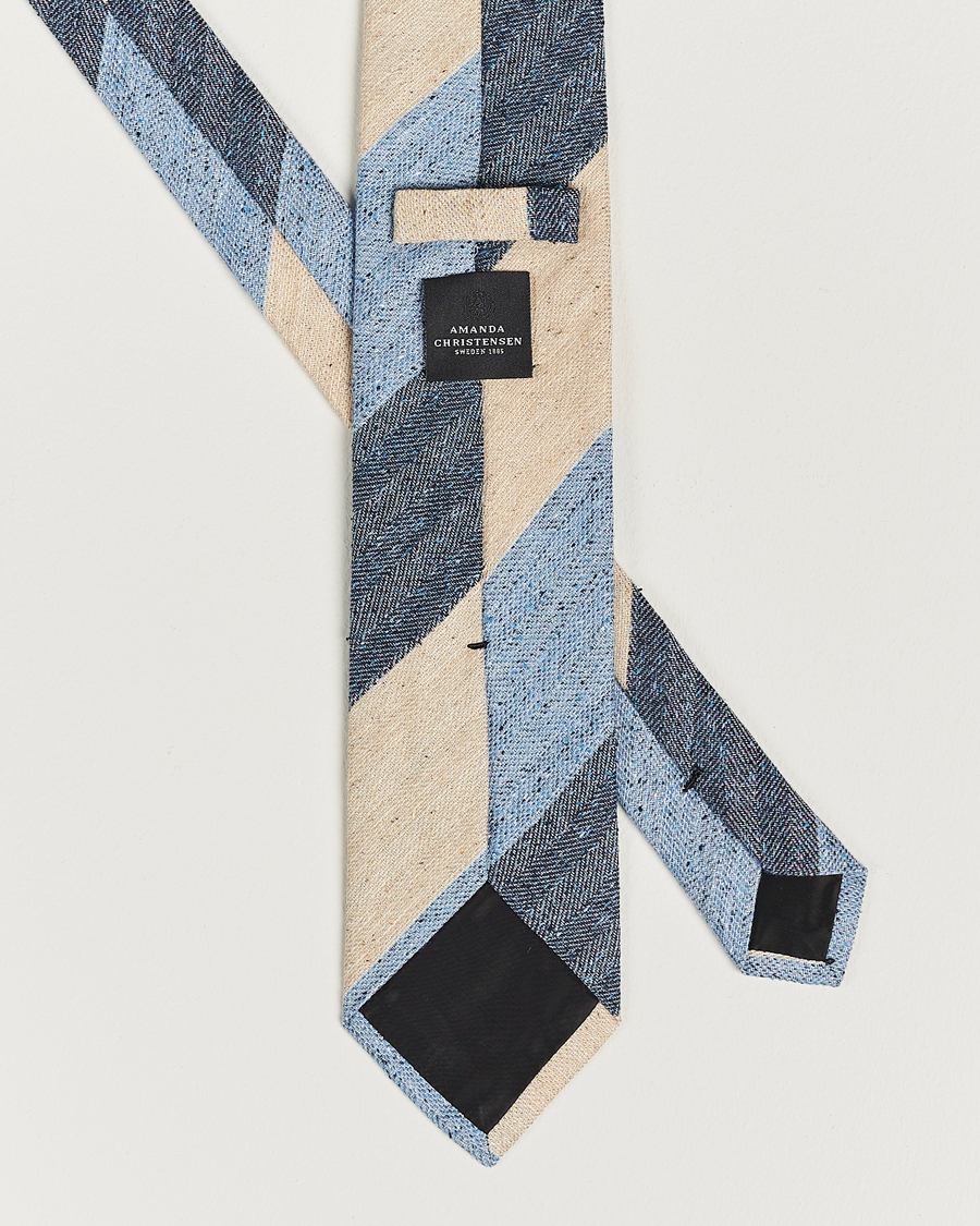 Homme | Amanda Christensen Silk/Linen/Cotton Block Striped 8cm Tie Navy/Blue/Beige | Amanda Christensen | Silk/Linen/Cotton Block Striped 8cm Tie Navy/Blue/Beige