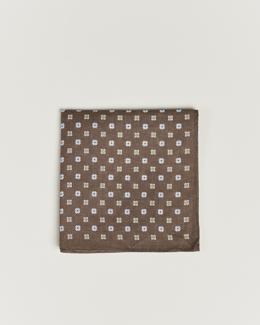 Homme | Amanda Christensen Linen Printed Flower Pocket Square Brown | Amanda Christensen | Linen Printed Flower Pocket Square Brown