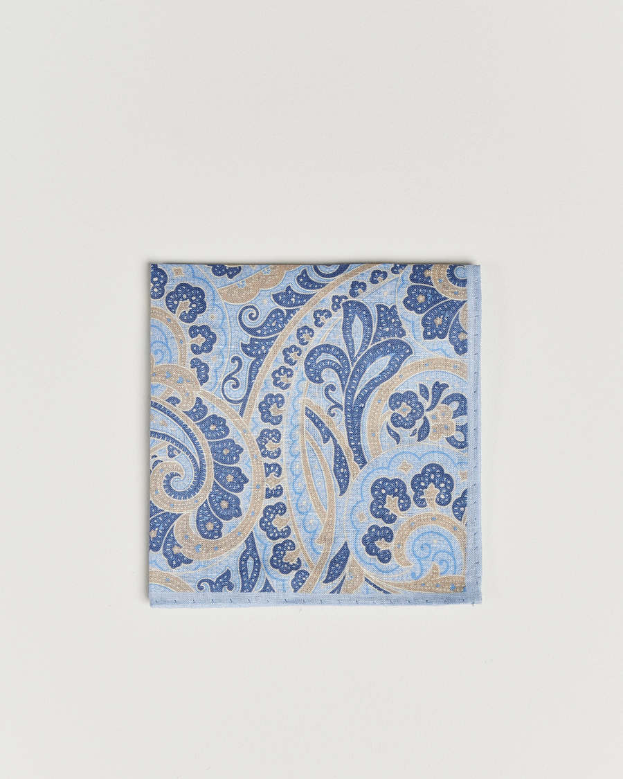 Homme | Amanda Christensen Linen Printed Large Paisley Pocket Square Blue | Amanda Christensen | Linen Printed Large Paisley Pocket Square Blue