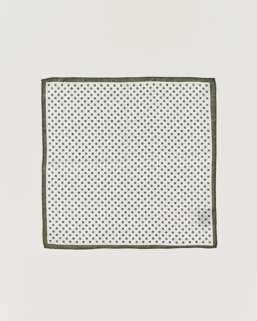 Homme | Amanda Christensen Linen Paspoal Printed Flower Pocket Square White/Green | Amanda Christensen | Linen Paspoal Printed Flower Pocket Square White/Green