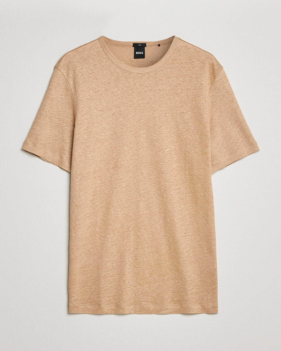 Homme | T-shirts | BOSS BLACK | Tiburt Linen Crew Neck T-Shirt Medium Beige