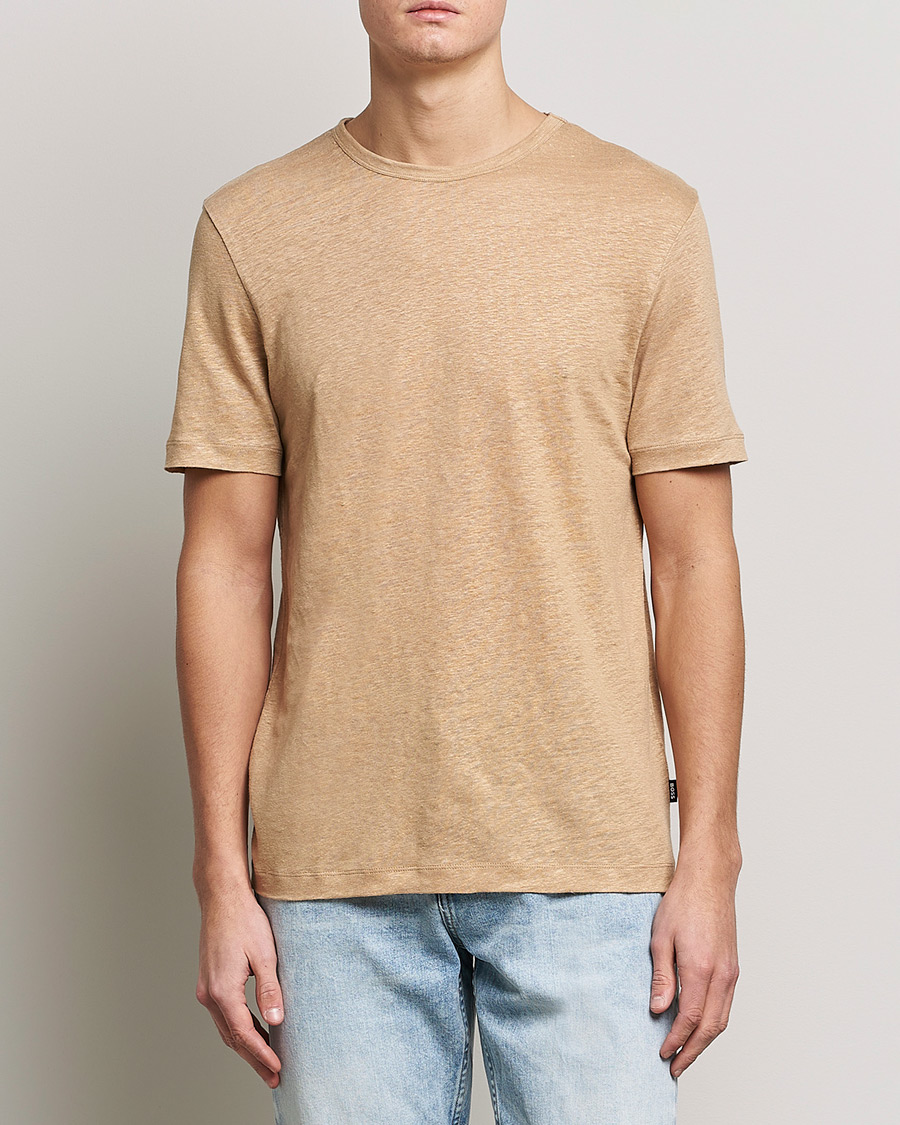 Homme | T-shirts | BOSS BLACK | Tiburt Linen Crew Neck T-Shirt Medium Beige