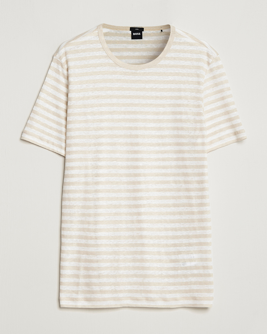 Homme | T-shirts | BOSS BLACK | Tiburt Striped Linen Crew Neck T-Shirt Open White