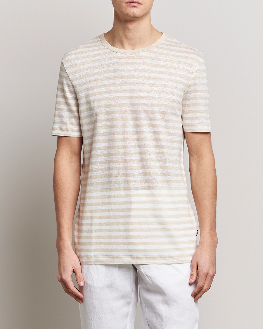 Homme | T-shirts | BOSS BLACK | Tiburt Striped Linen Crew Neck T-Shirt Open White