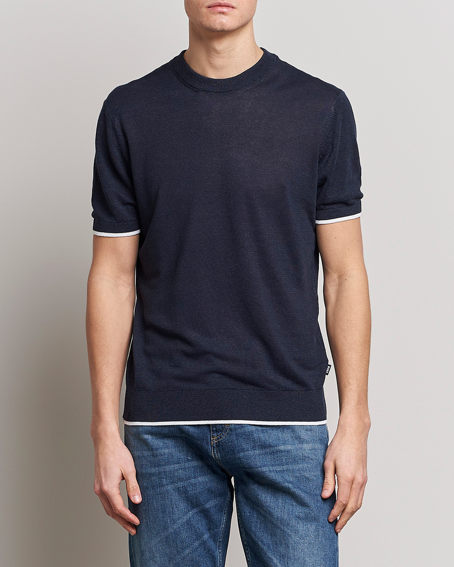 Homme | T-shirts | BOSS BLACK | Giacco Knitted Crew Neck T-Shirt Dark Blue