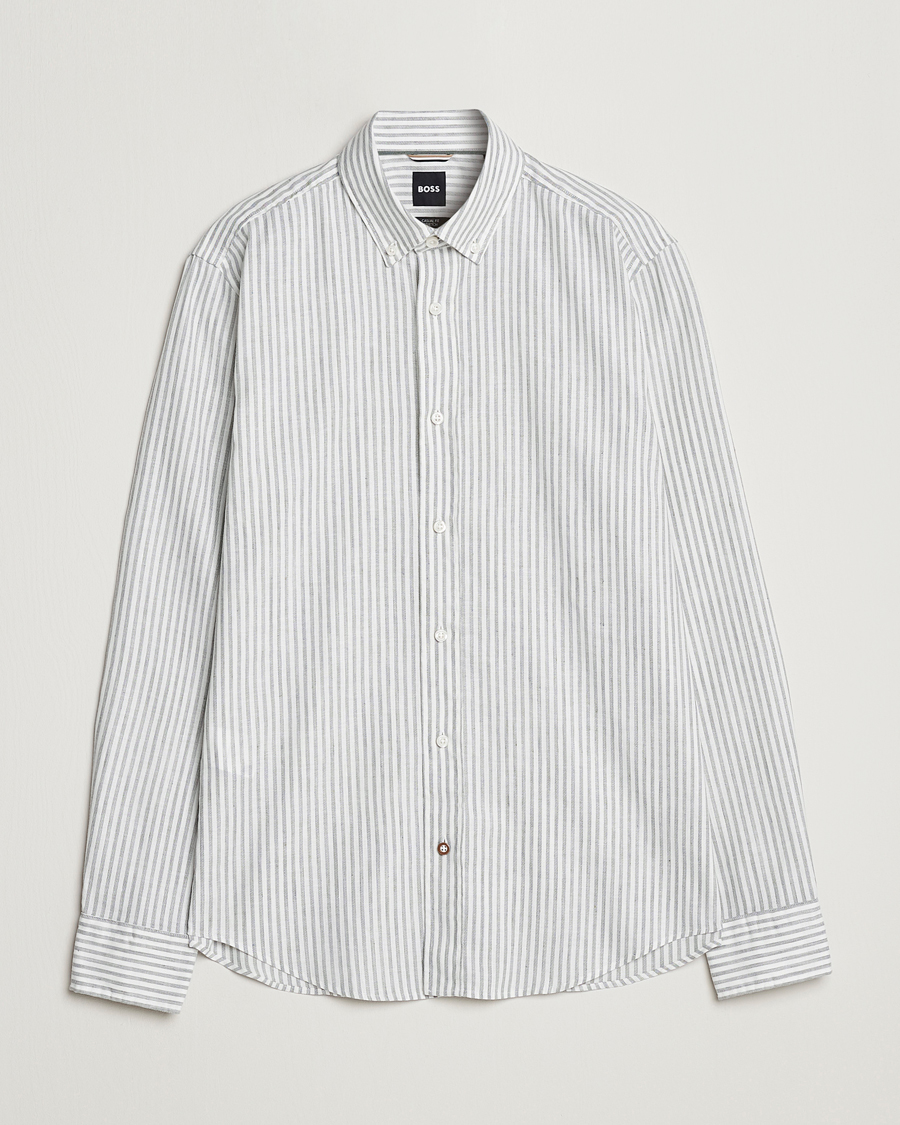 Homme | Chemises | BOSS BLACK | Hal Cotton/Linen Striped Shirt Open Green