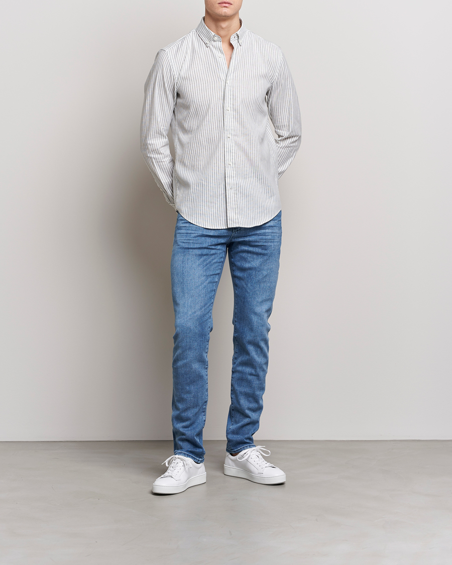 Homme | Chemises | BOSS BLACK | Hal Cotton/Linen Striped Shirt Open Green