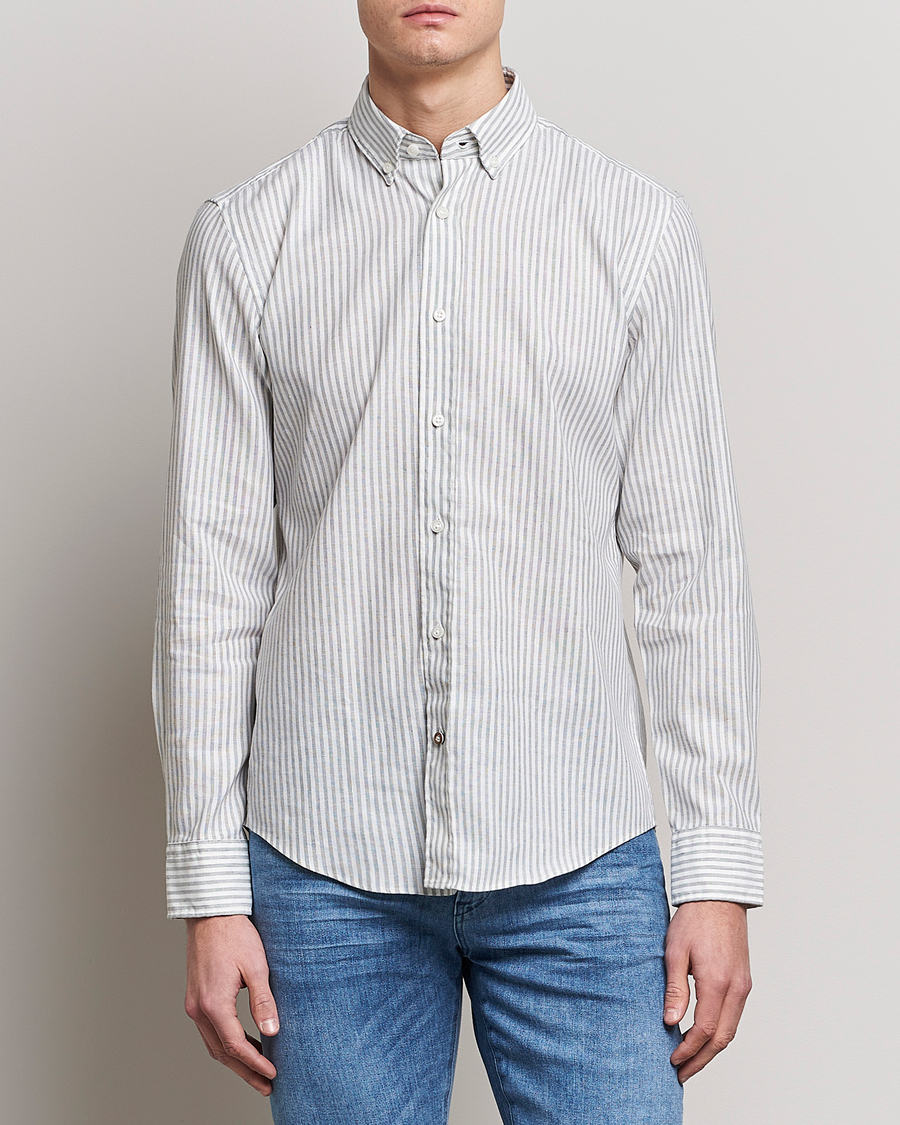 Homme | Chemises | BOSS BLACK | Hal Cotton/Linen Striped Shirt Open Green