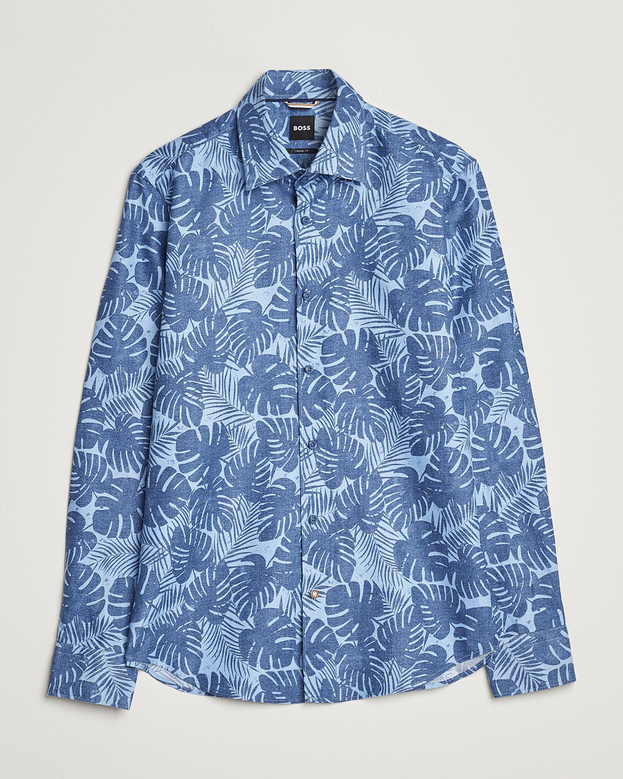 Homme | Chemises | BOSS BLACK | Hal Cotton/Linen Flower Shirt Open Blue
