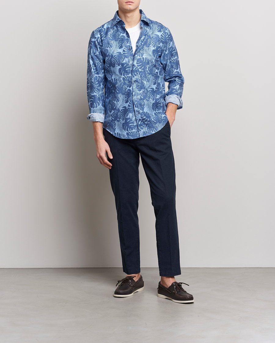 Homme | Chemises | BOSS BLACK | Hal Cotton/Linen Flower Shirt Open Blue