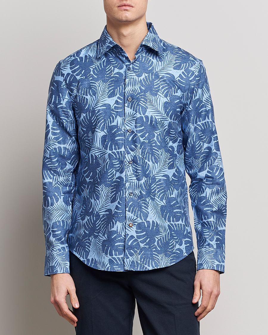 Homme | Chemises | BOSS BLACK | Hal Cotton/Linen Flower Shirt Open Blue