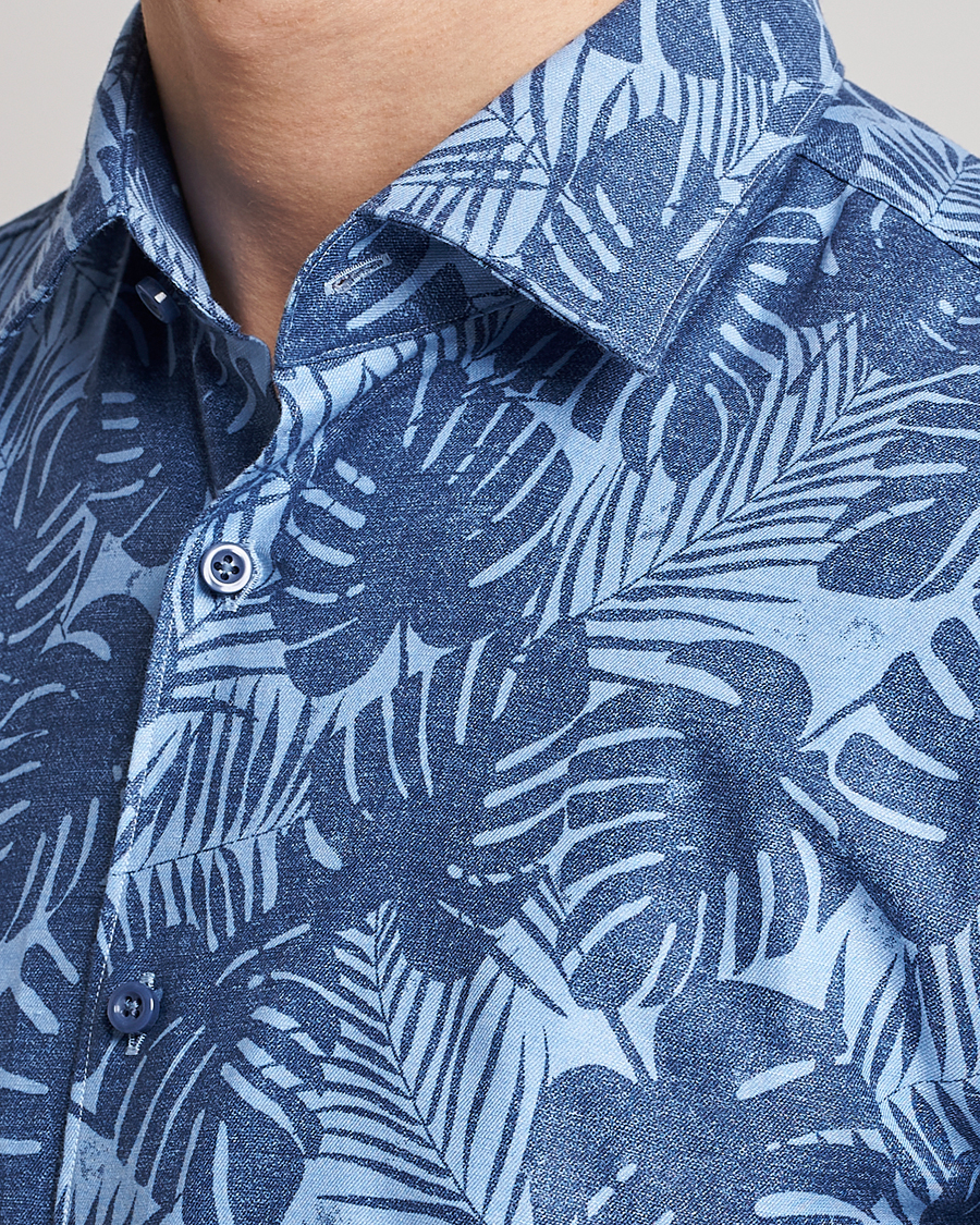 Homme | Chemises | BOSS BLACK | Hal Cotton/Linen Flower Shirt Open Blue