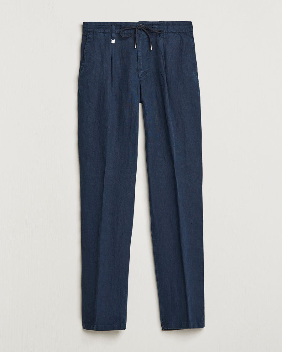 Homme | Pantalons | BOSS BLACK | Genius Pleated Linen Drawstring Trousers Dark Blue