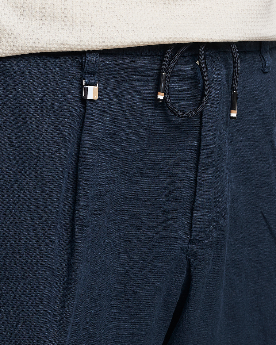 Homme | Pantalons | BOSS BLACK | Genius Pleated Linen Drawstring Trousers Dark Blue