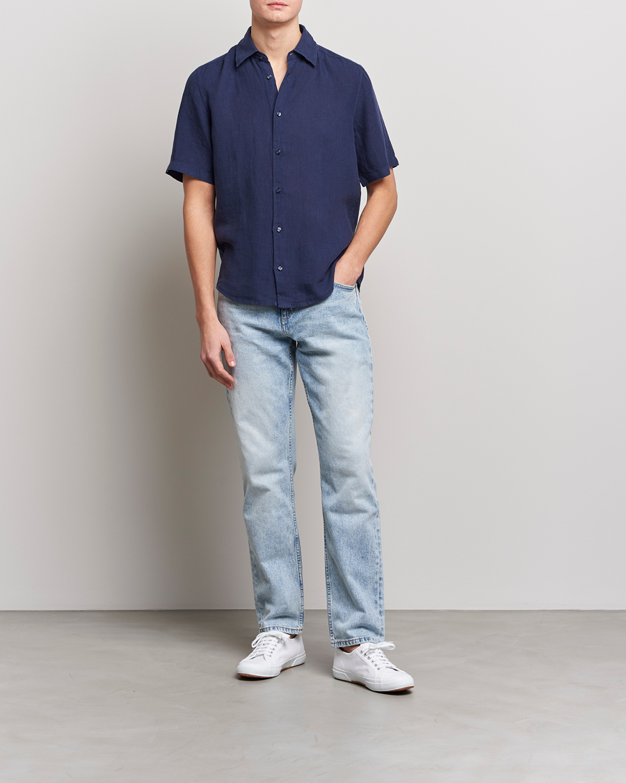 Homme | Chemises | BOSS ORANGE | Rash Linen Short Sleeve Shirt Navy