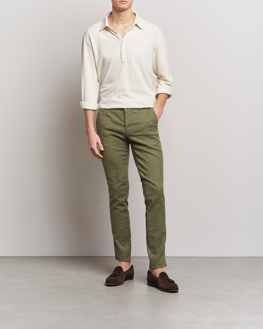 Homme | Pantalons | Incotex | Slim Fit Cotton/Linen Slacks Olive