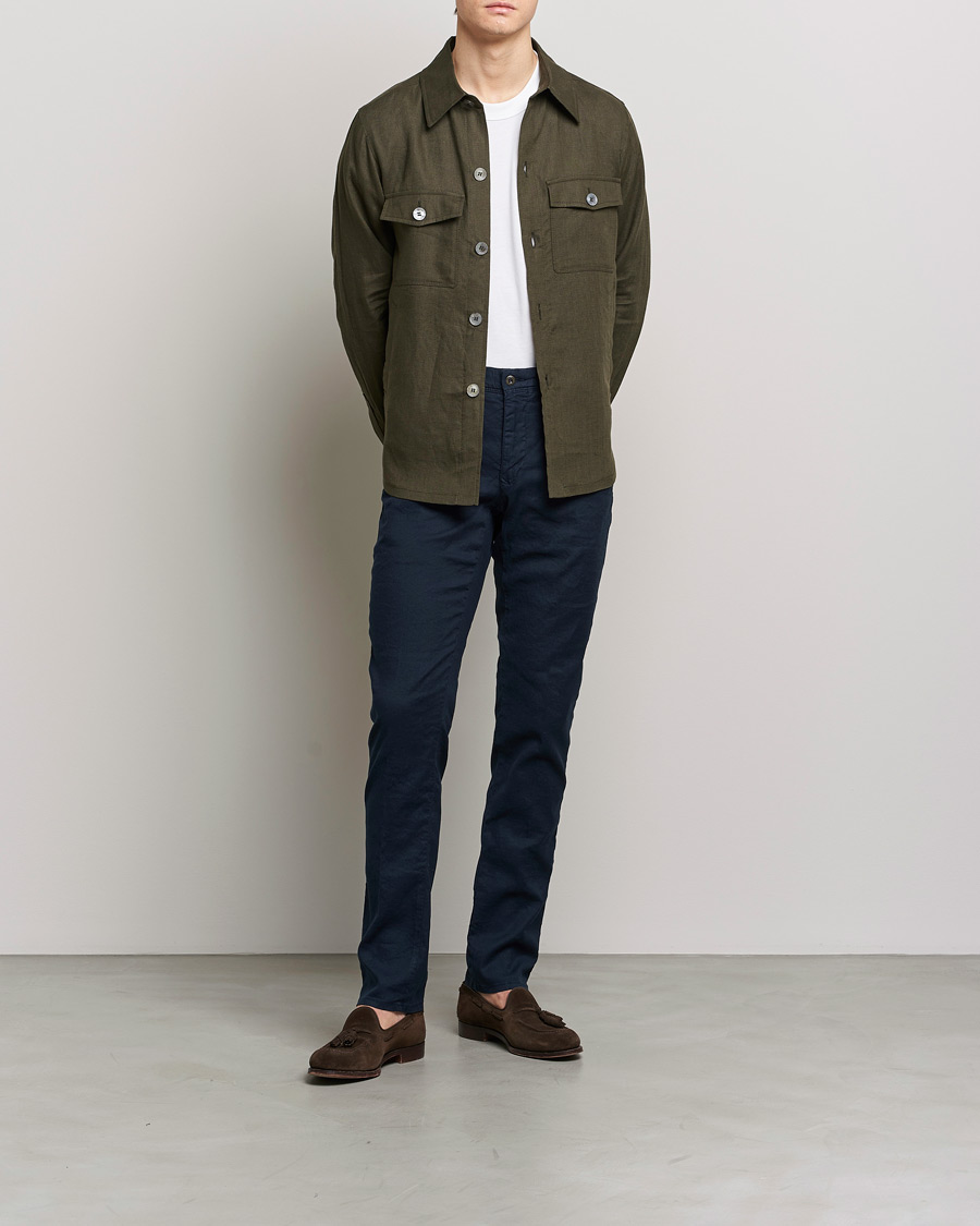 Homme | Pantalons | Incotex | Slim Fit Cotton/Linen Slacks Navy