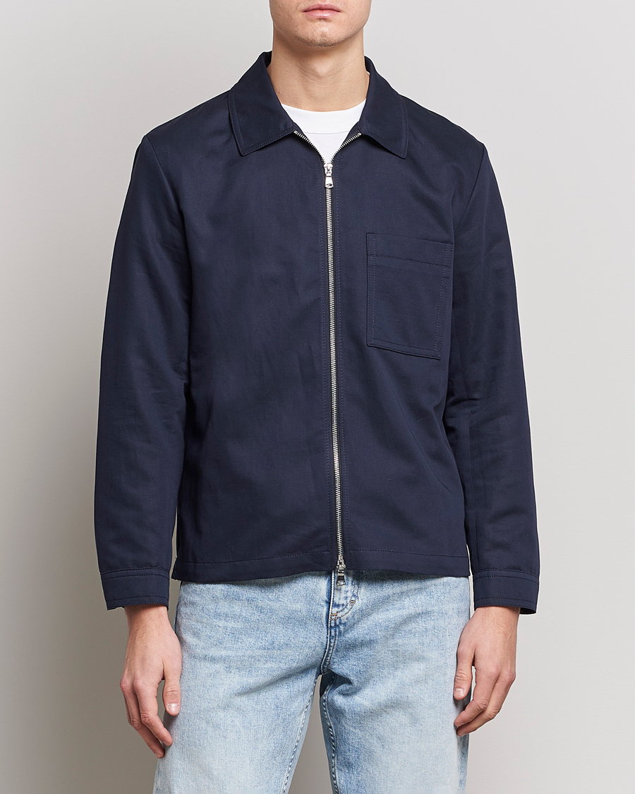 Homme | Chemises | J.Lindeberg | Jason Cotton/Linen Stretch Zip Overshirt Navy