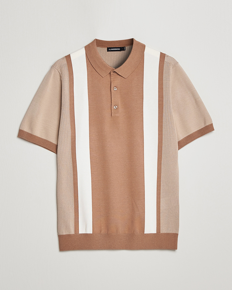 Homme | Polos | J.Lindeberg | Rey Stripe Knitted Polo Tiger Brown