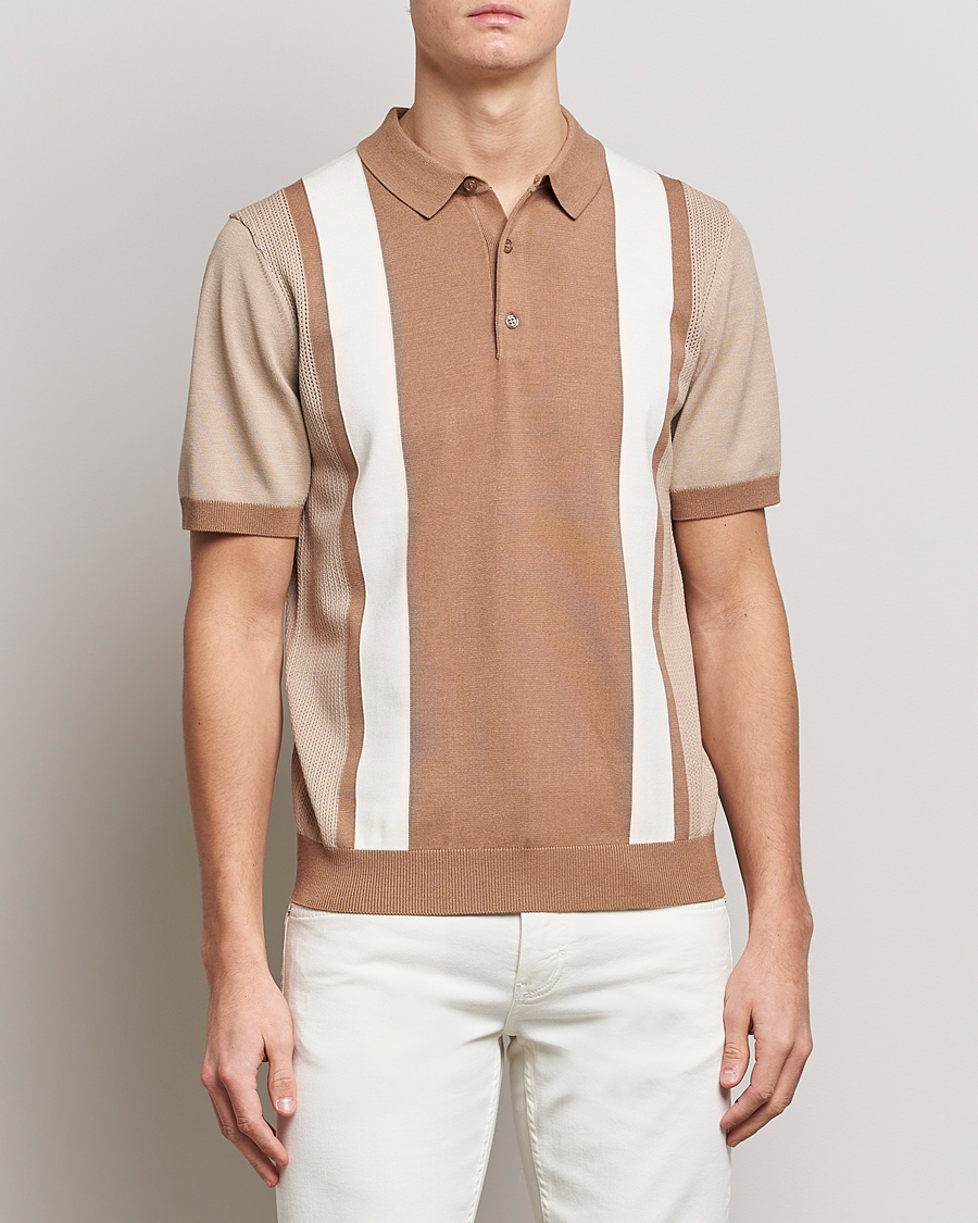 Homme | Polos | J.Lindeberg | Rey Stripe Knitted Polo Tiger Brown