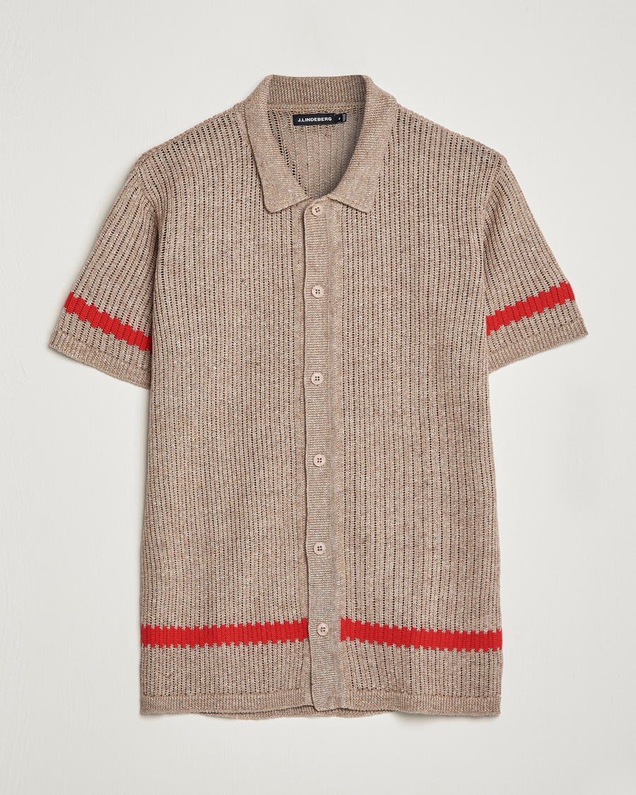 Homme | Chemises | J.Lindeberg | Sky Knitted Linen/Merino Short Sleeve Shirt Beige